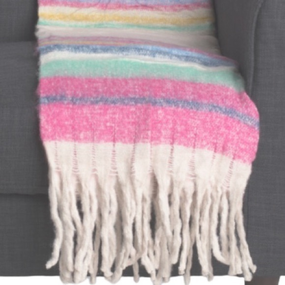 FREE PEOPLE Textured Stripe Throw Blanket Ivory Multicolor Stripe Fringed NWT